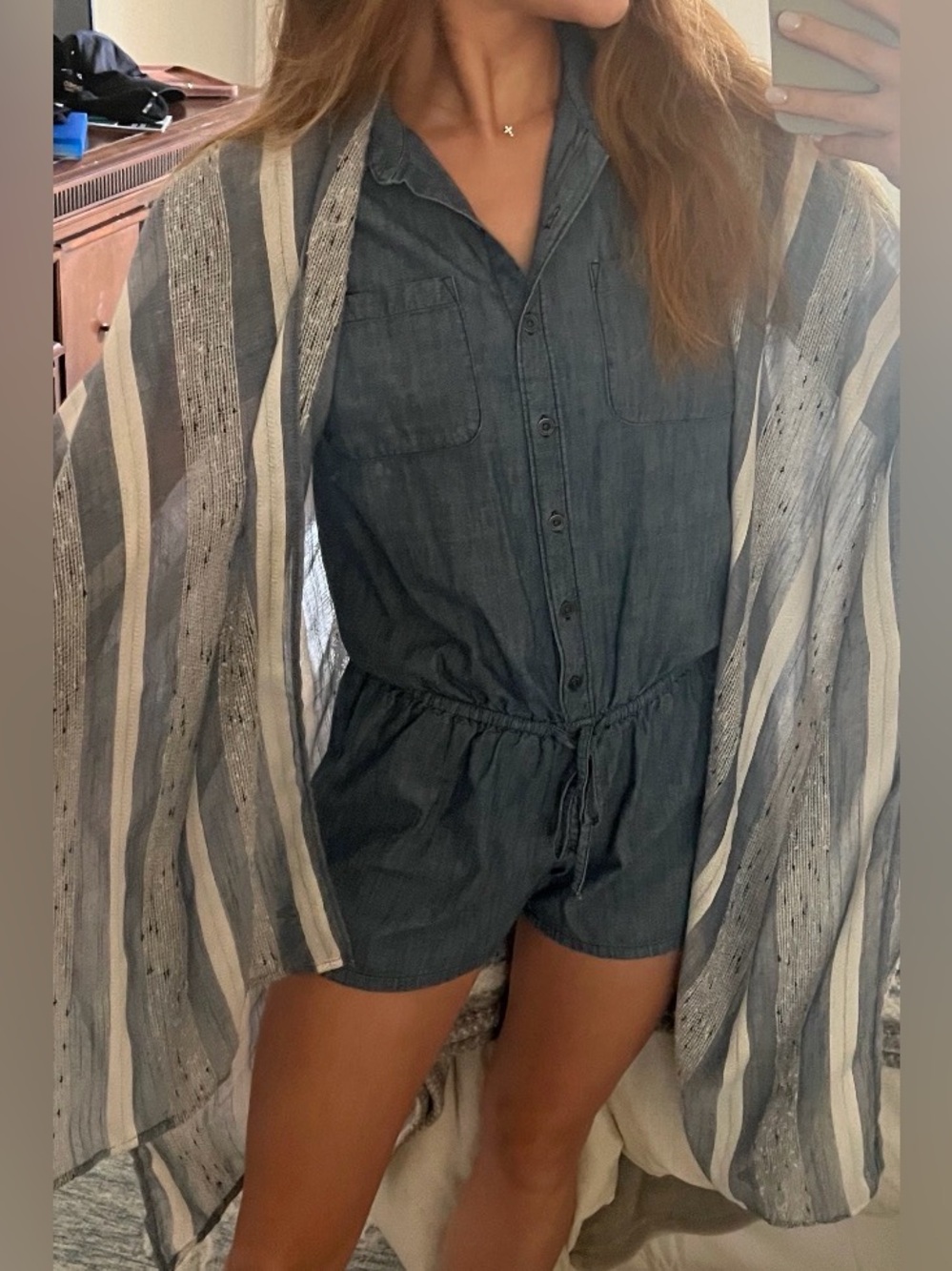 Old Navy Women’s Dark Blue Denim Romper - Casual Drawstring Shorts